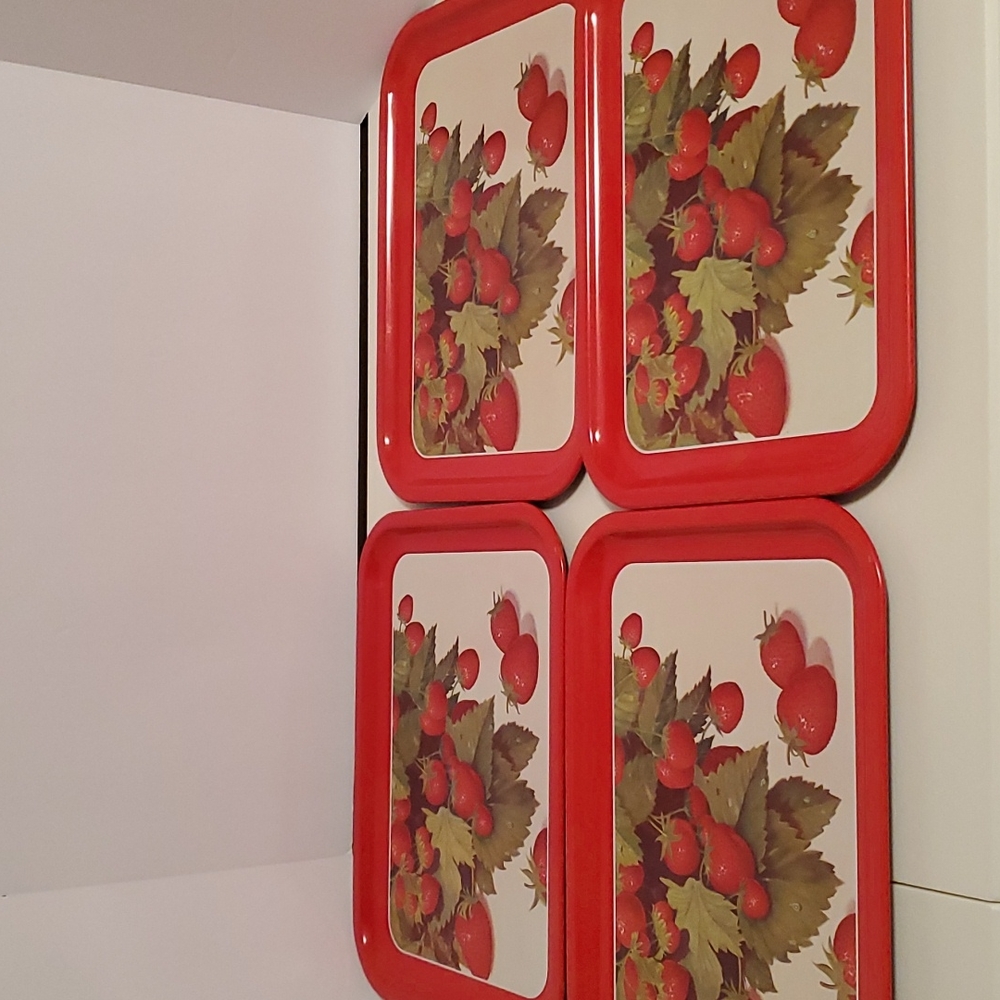 4 Vintage Red Strawberry Serving Tray Metal Tin.